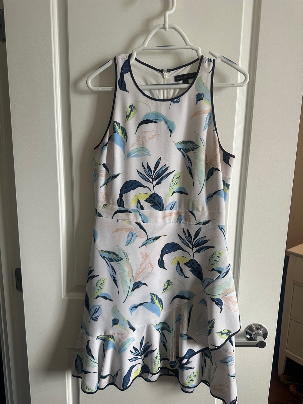 Banana Republic Floral Fit-and-Flare Dress in White with Blue & Green Leaves
